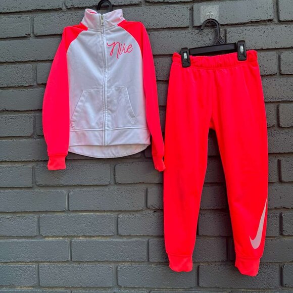 Nike Girl Full Zip Jacket Jogger Pant Tricot Track Suit Set M 6 Fluorescent Pink - Picture 1 of 16
